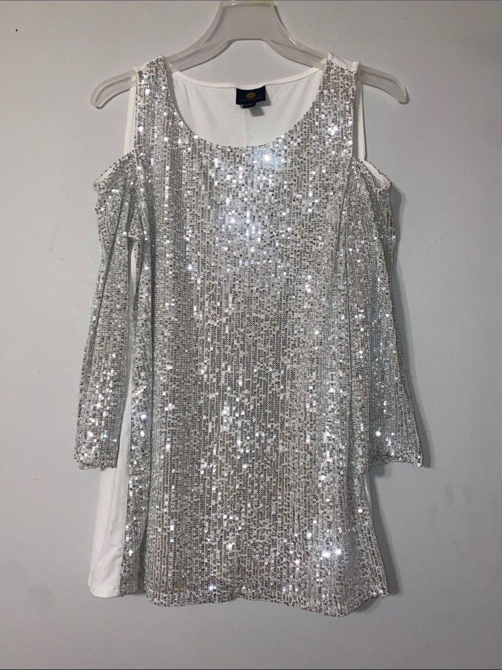 JM Collection Silver Sequin Cold-Shoulder Crewneck Top